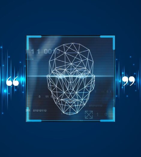 A person's face displayed on a blue background with sound waves, representing discussions on varying facial recognition standards