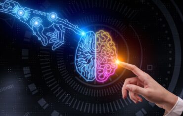 A hand gestures towards a digital representation of a brain, illustrating the relationship between biometrics and artificial intelligence.