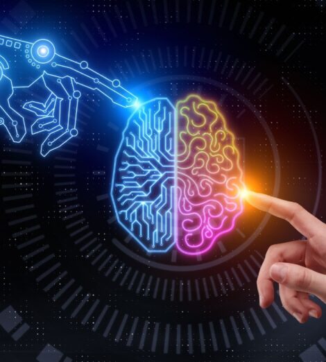 A hand gestures towards a digital representation of a brain, illustrating the relationship between biometrics and artificial intelligence.