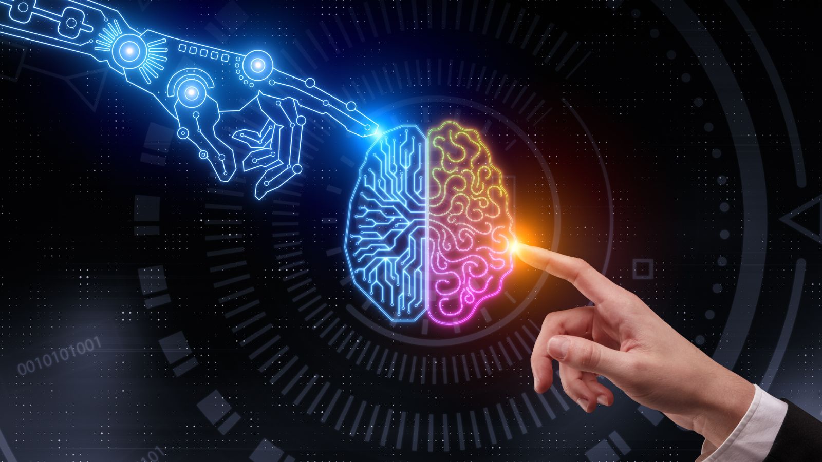 A hand gestures towards a digital representation of a brain, illustrating the relationship between biometrics and artificial intelligence.